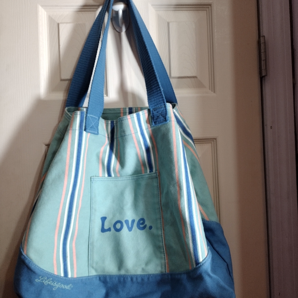 LIFE IS GOOD Love Heart Beach  LARGE CANVAS TOTE BAG EUC - Picture 4 of 9